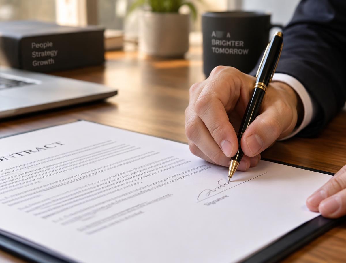 Pessoa assinando um contrato de financiamento sobre a mesa